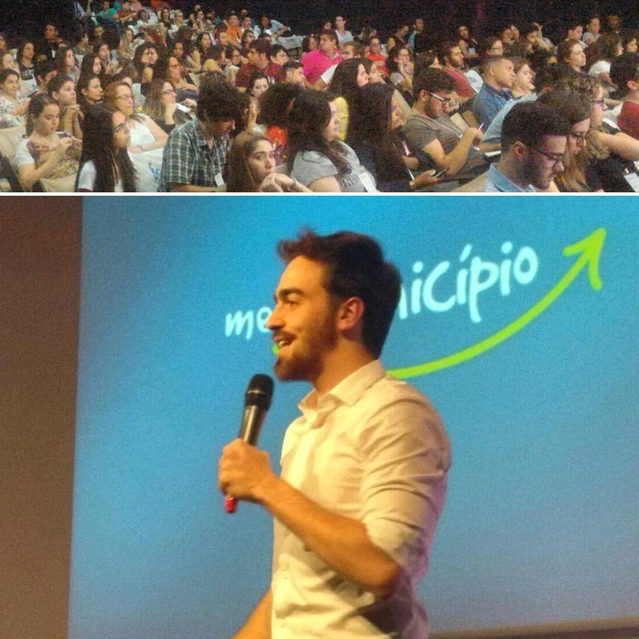 Henrique Krigner fala ao microfone diante de uma plateia cheia, com o projeto Meu Município na tela